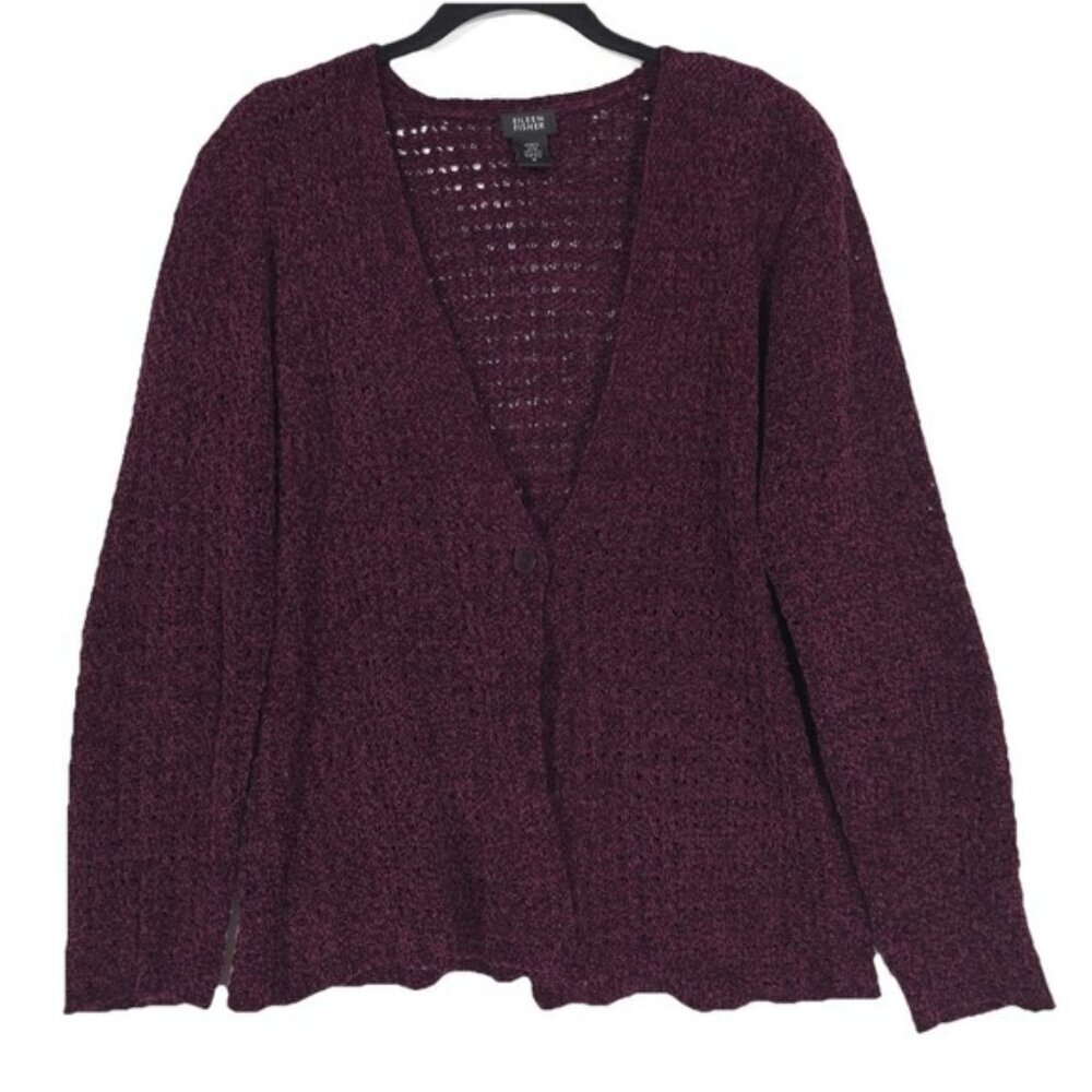 EILEEN FISHER Women's Cardigan‎ 100% SILK Knit V-Neck MEDIUM Burgundy Padded